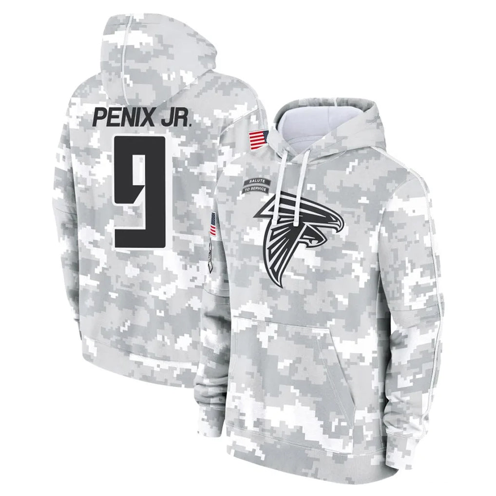 A.Falcons #9 Michael Penix Jr. Player Arctic Camo Salute to Service Limited Hoodie Gdoa Stitched Jerseys