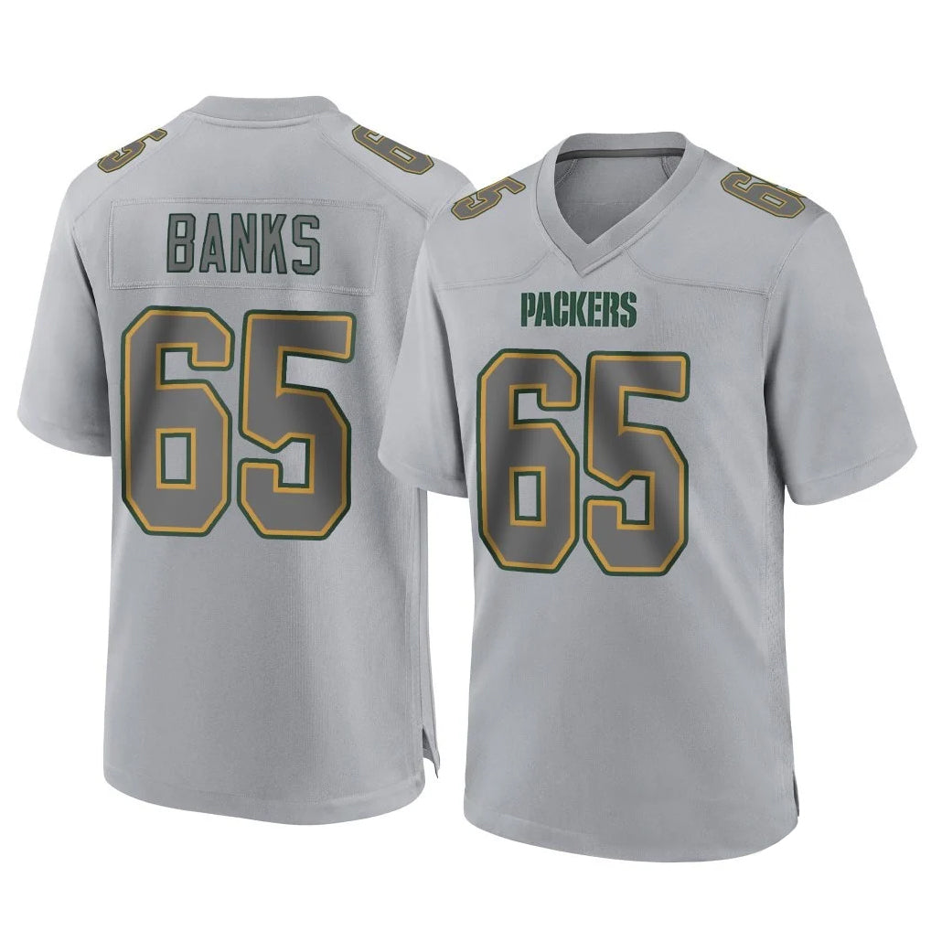 GB.Packers #65 Aaron Banks Player Gray Atmosphere Fashion Home Game Gdoa Stitched Jerseys