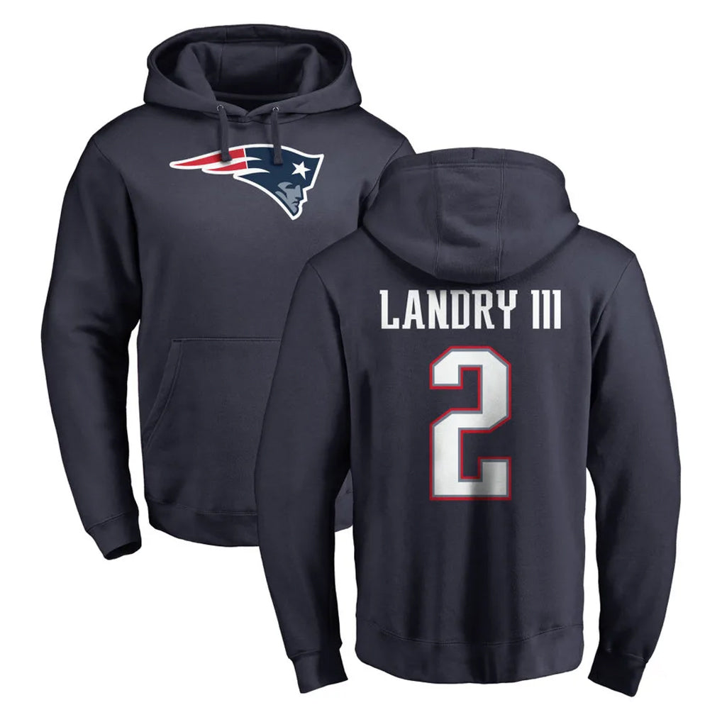 NE.Patriots #2 Harold Landry III Player Navy LOGO Pullover Hoodies Home Game Gdoa Stitched Jerseys