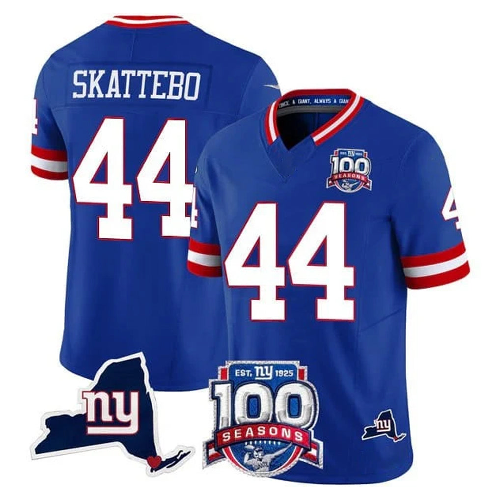 NY.Giants #44 Cam Skattebo Player Royal 100th Season & State Patch Vapor Limited Home Game Gdoa Stitched Jerseys