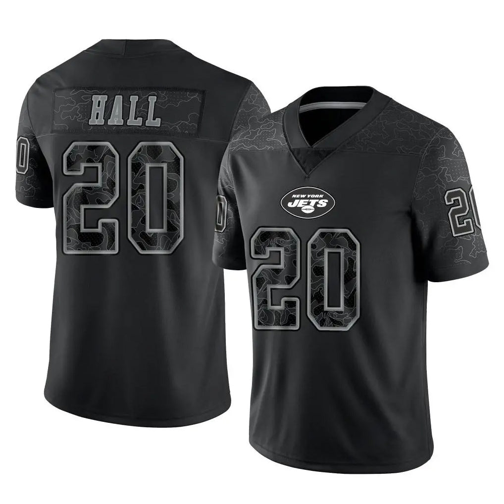 NY.Jets #20 Breece Hall Player Stealth Black Limited Reflective Home Game Gdoa Stitched Jerseys