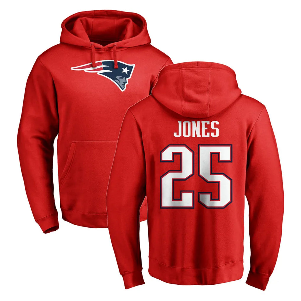 NE.Patriots #25 Marcus Jones Player Red LOGO Pullover Hoodies Home Game Gdoa Stitched Jerseys