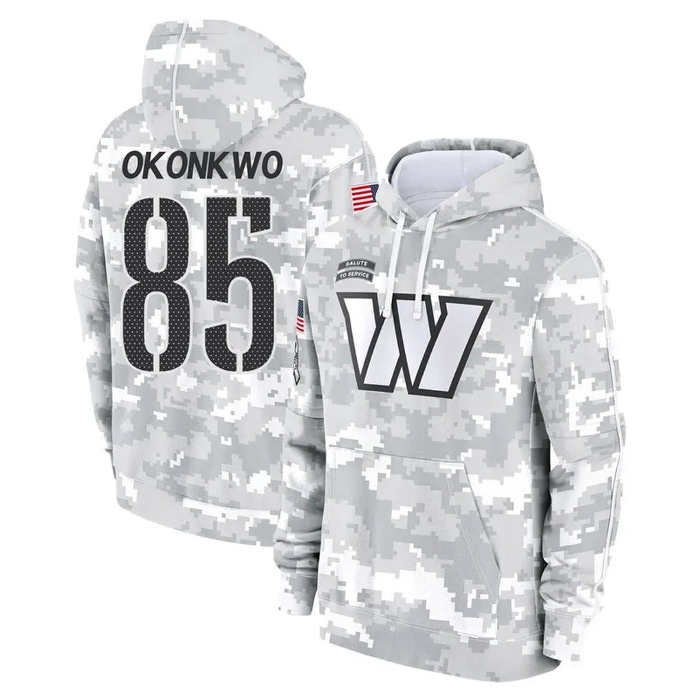 W.Commanders #85 Chig Okonkwo Player Arctic Camo Limited Salute to Service Pullover Hoodies Game Gdoa Stitched Jerseys