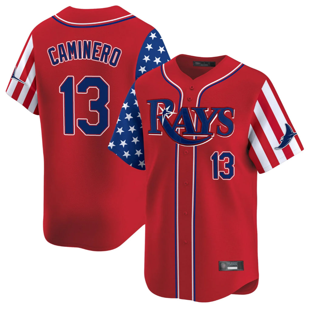 T.Bay Rays #13 Junior Caminero Player Red 2025 Independence Day Vapor Premier Limited Fdoa Stitched Jerseys