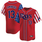T.Bay Rays #13 Junior Caminero Player Red 2025 Independence Day Vapor Premier Limited Fdoa Stitched Jerseys
