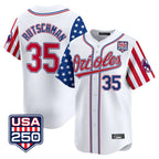 B.Orioles #35 Adley Rutschman Player White USA 250 Independence Day Vapor Premier Home Game Gdoa Stitched Jerseys
