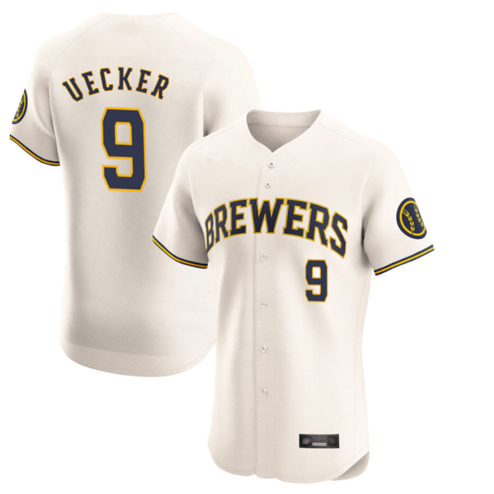 M.Brewers #9 Bob Uecker Player Cream Home Limited Elite Fdoa Stitched Jerseys