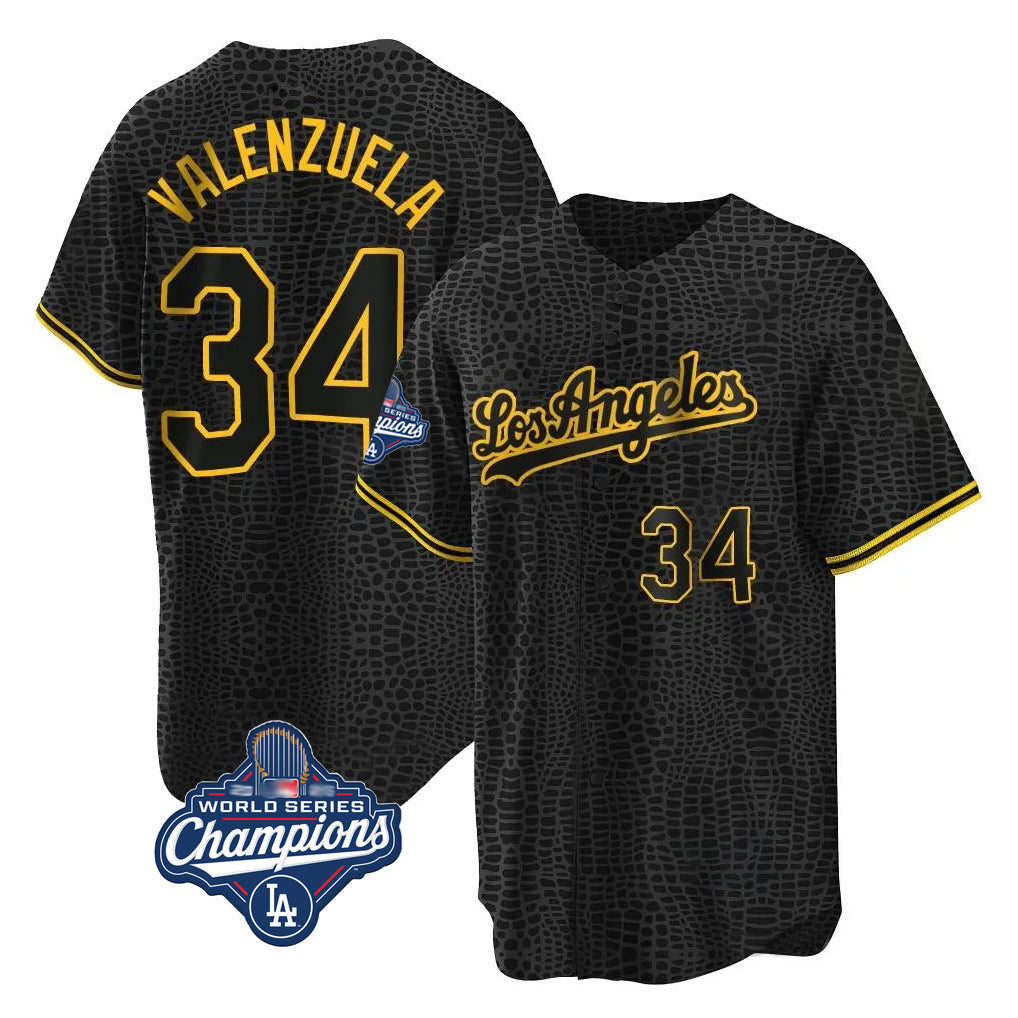 LA.Dodgers #34 Fernando Valenzuela Player Black World Series Meet Snake Skin City Game Home Fdoa Stitched Jerseys