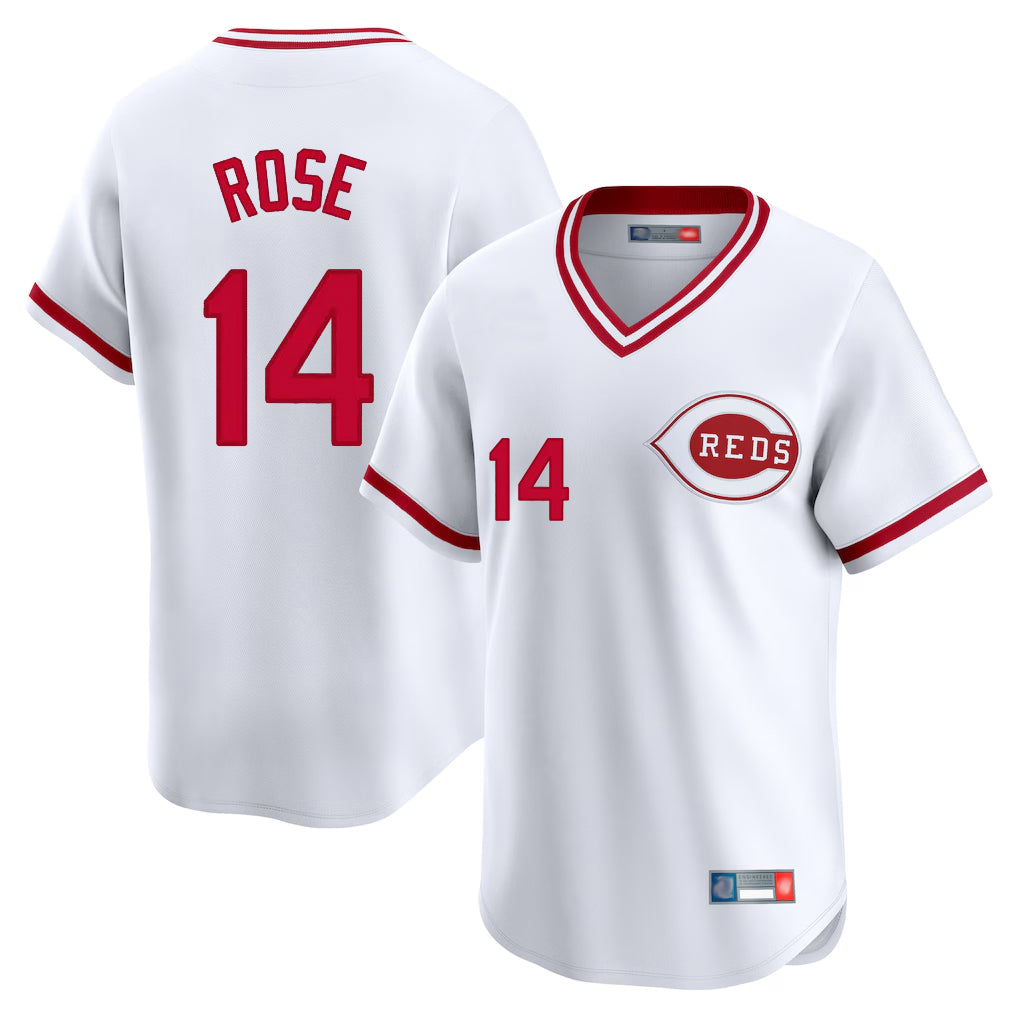 C.Reds #14 Pete Rose Player White Cooperstown Collection Limited T-shirt Home Gdoa Stitched Jerseys