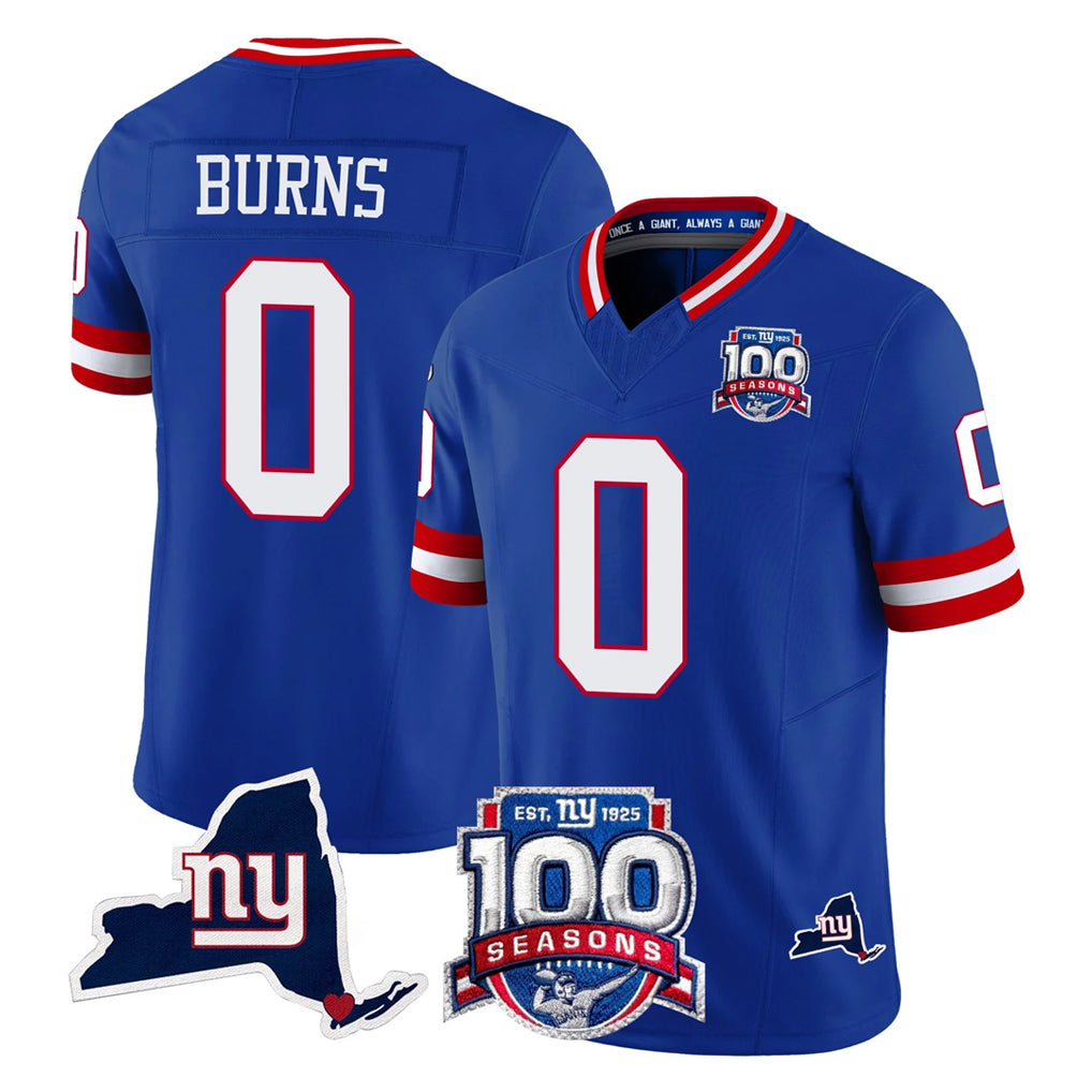NY.Giants #0 Brian Burns Player Royal 100th Season & State Patch Vapor Limited Home Game Gdoa Stitched Jerseys