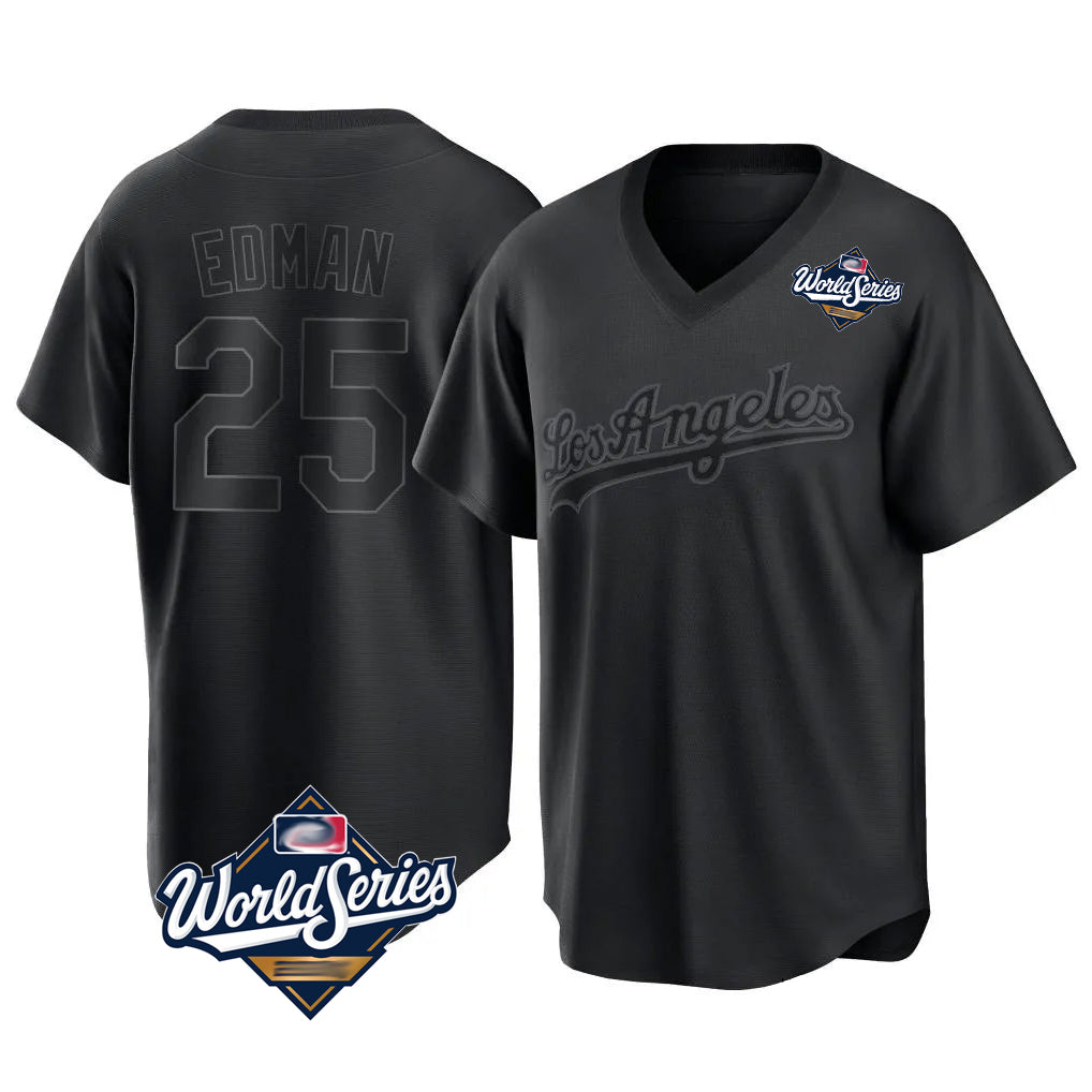 LA.Dodgers #25 Tommy Edman Player Black World Series Pitch Fashion T-shirt Fdoa Stitched Jerseys