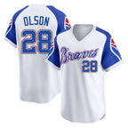 A.Braves #28 Matt Olson Player White Throwback Cooperstown Collection T-shirt Game Gdoa Stitched Jerseys