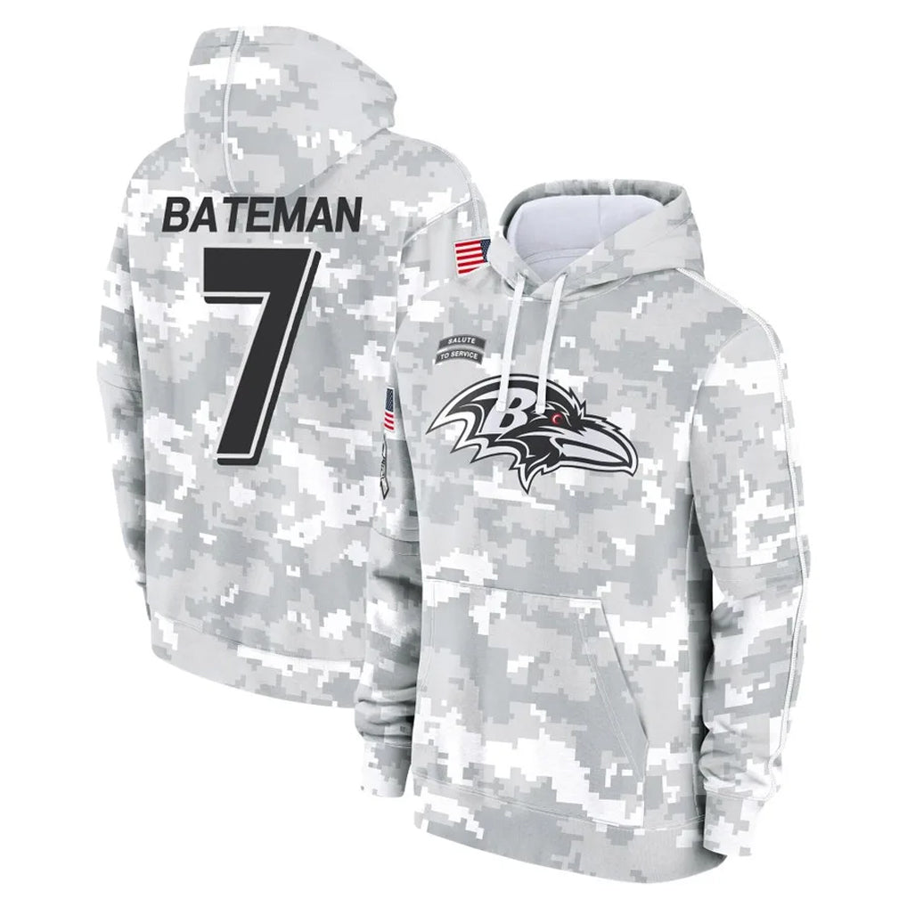 B.Ravens #7 Rashod Bateman Player Arctic Camo Salute to Service Pullover Hoodie Gdoa Stitched Jerseys