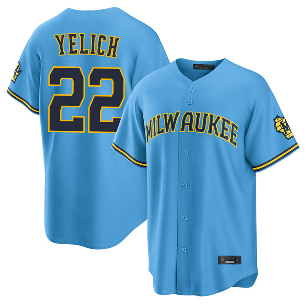 M.Brewers #22 Christian Yelich Player Light Blue Road Stadium Game Fdoa Stitched Jerseys