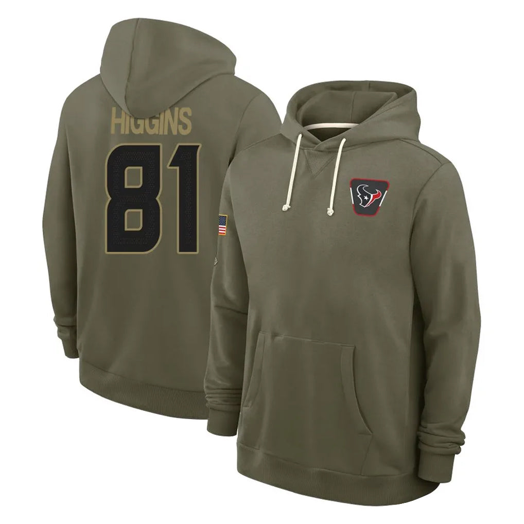 H.Texans #81 Jayden Higgins Player Olive Salute to Service Pullover Hoodies Limited Gdoa Stitched Jerseys