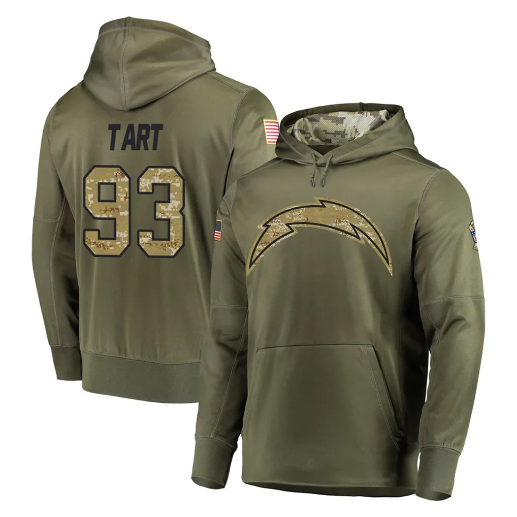 LA.Chargers #93 Teair Tart Player Olive Salute to Service Pullover Hoodies Home Game Gdoa Stitched Jerseys