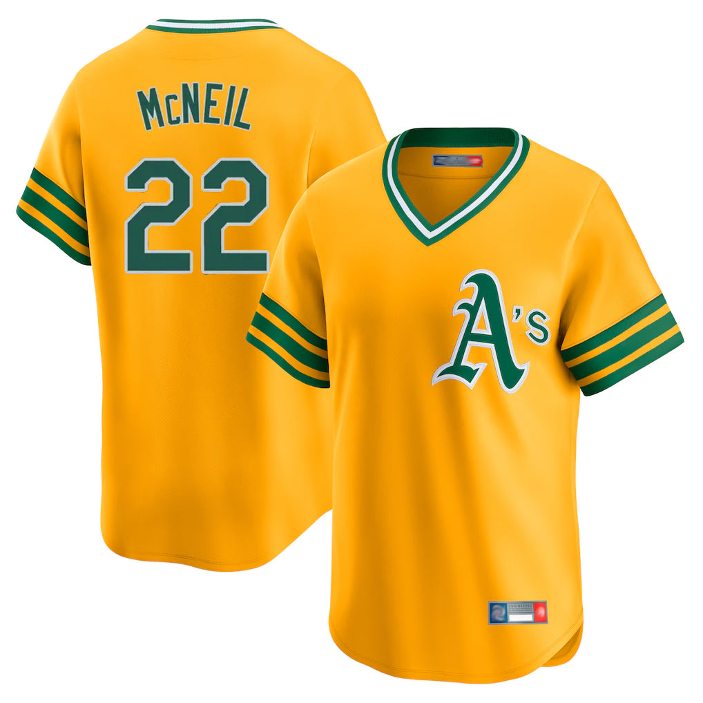 Athletics #22 Jeff McNeil Player Gold Cooperstown Collection T-shirt Game Gdoa Stitched Jerseys