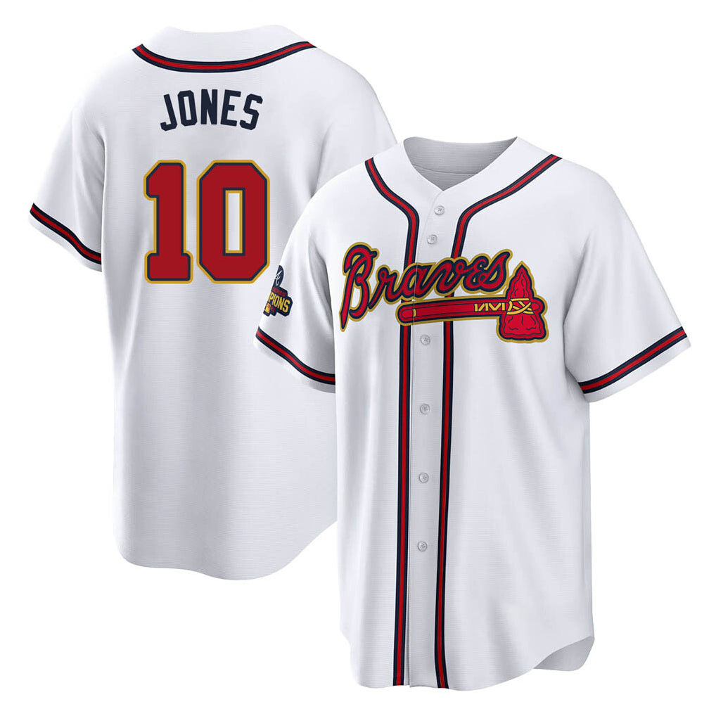 A.Braves #10 Chipper Jones Player White Gold Home Game Gdoa Stitched Jerseys