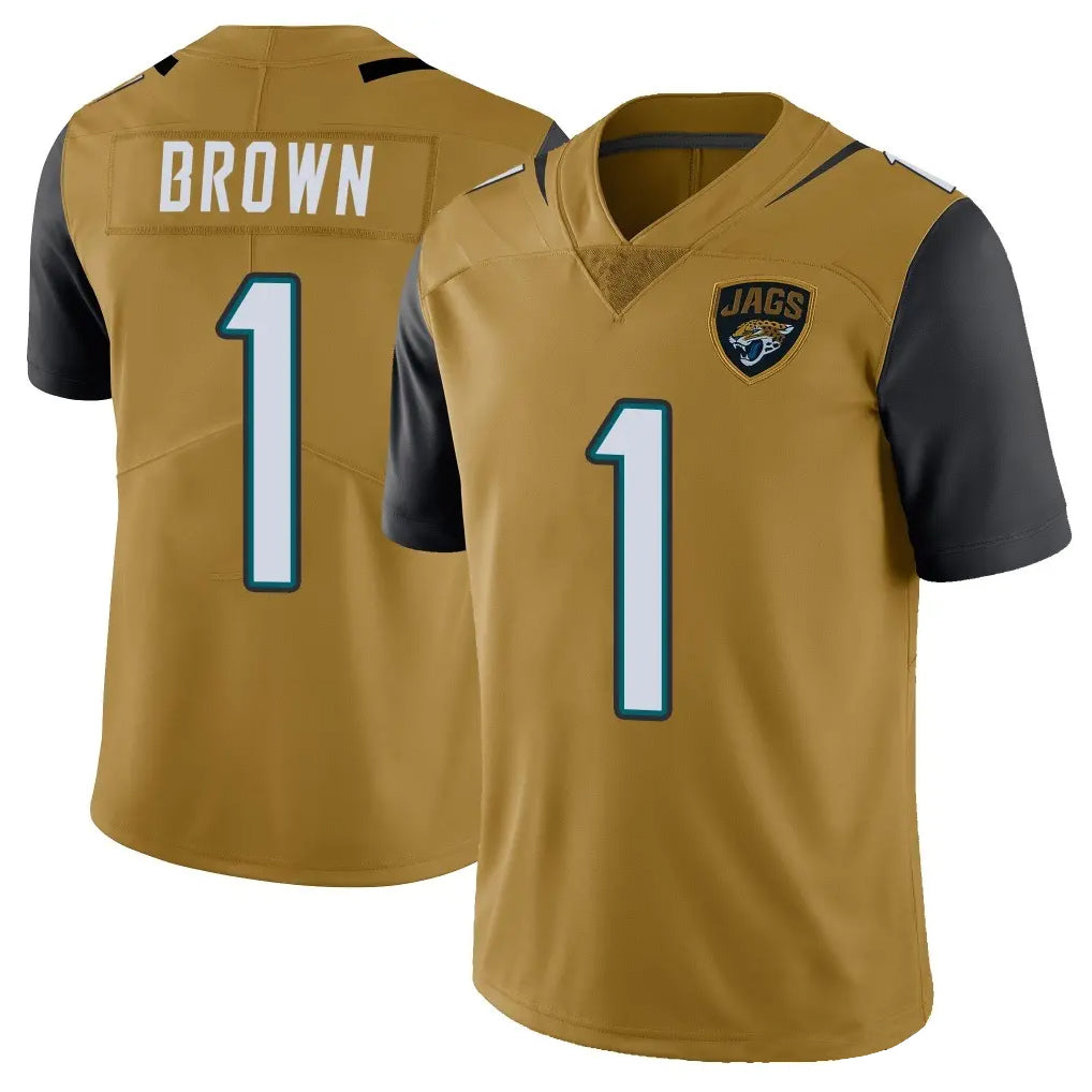 J.Jaguars #1 Montaric Brown Player Gold Vapor Limited Home Game Gdoa Stitched Jerseys