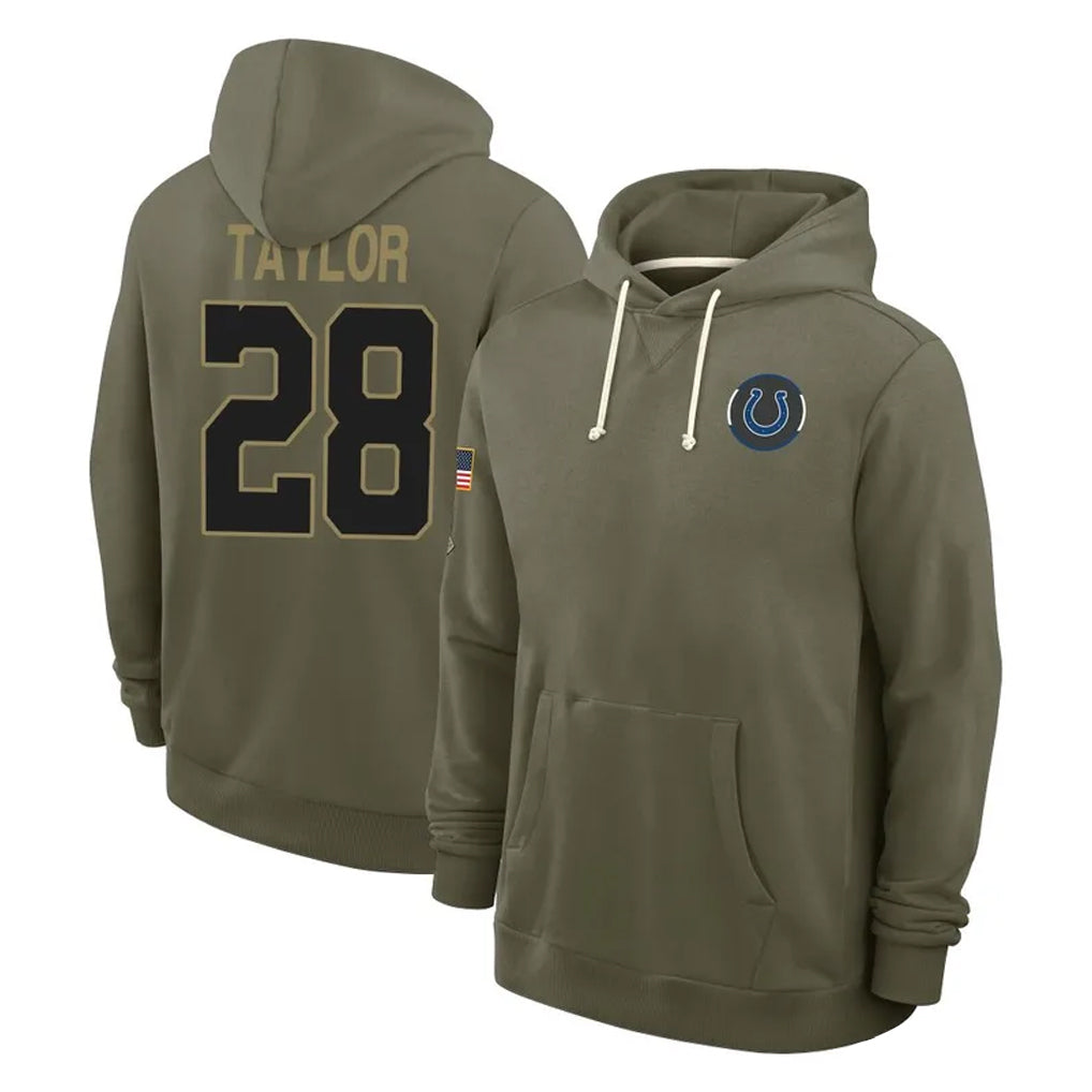 IN.Colts #28 Jonathan Taylor Player Olive Salute to Service Pullover Hoodies Limited Gdoa Stitched Jerseys
