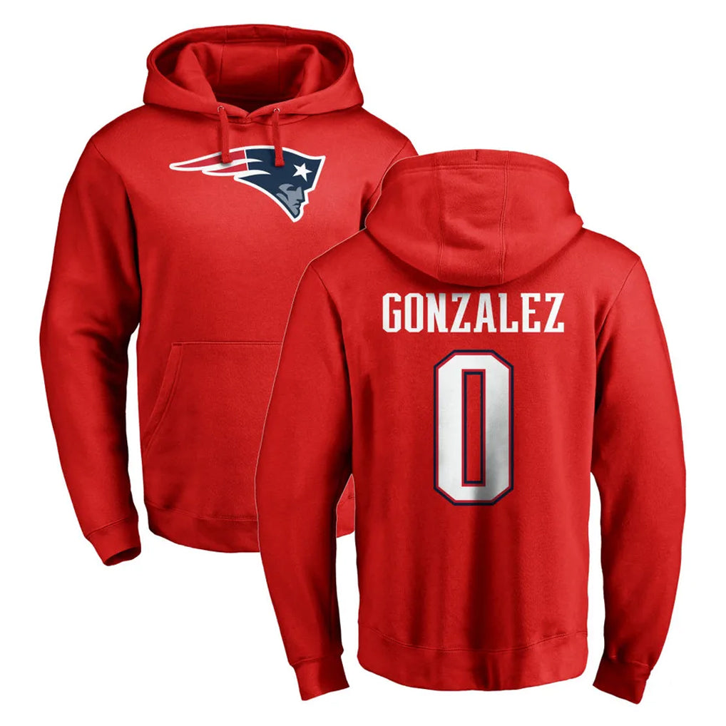 NE.Patriots #0 Christian Gonzalez Player Red LOGO Pullover Hoodies Home Game Gdoa Stitched Jerseys