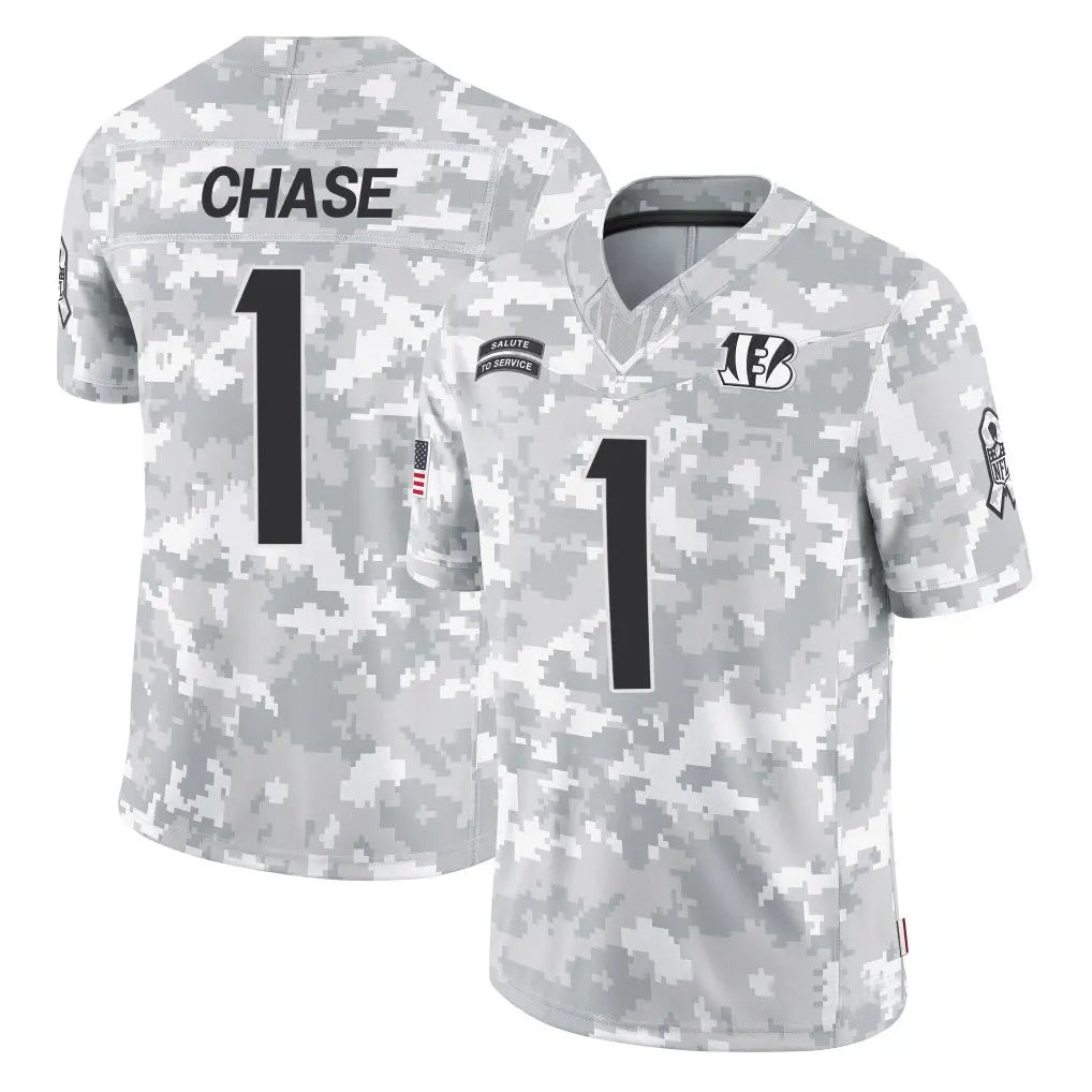 C.Bengals #1 Ja'Marr Chase Player Arctic Camo Salute to Service Limited Gdoa Stitched Jerseys