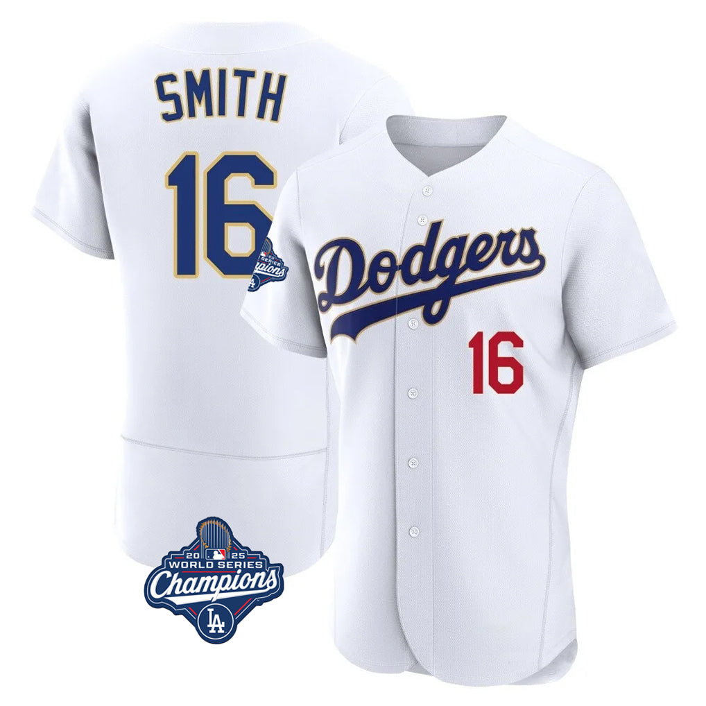 LA.Dodgers #16 Will Smith Player Gold White World Series Meet 2026 Collection Stadium Limited Elite Fdoa Stitched Jerseys