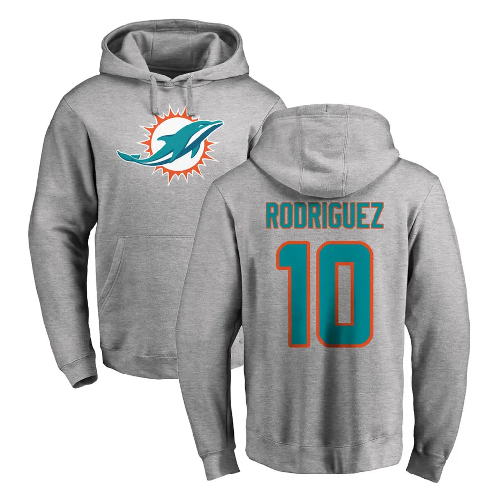 M.Dolphins #10 Jacob Rodriguez Player Gray LOGO Pullover Hoodies Limited Gdoa Stitched Jerseys