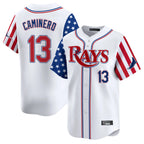 T.Bay Rays #13 Junior Caminero Player White 2025 Independence Day Vapor Premier Limited Fdoa Stitched Jerseys