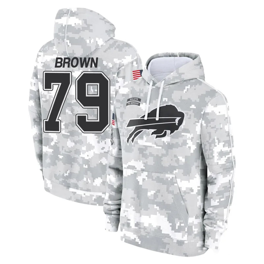 B.Bills #79 Spencer Brown Player Arctic Camo Salute to Service Hoodies Gdoa Stitched Jerseys