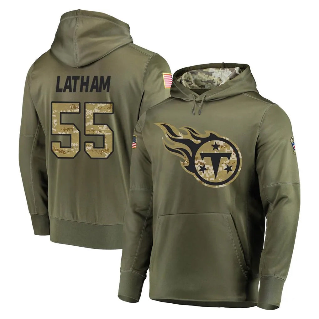 T.Titans #55 JC Latham Player Olive Salute to Service Pullover Hoodies Home Game Gdoa Stitched Jerseys