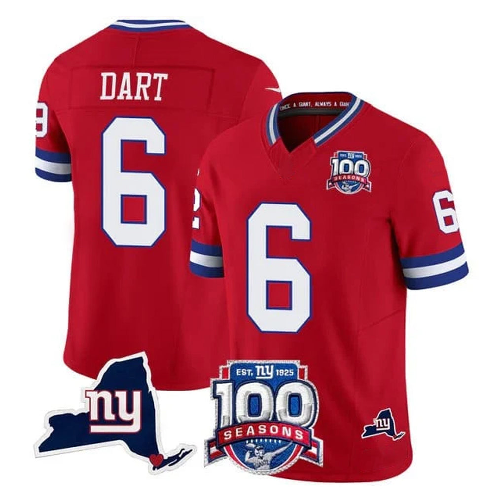 NY.Giants #6 Jaxson Dart Player Red 100th Season & State Patch Vapor Limited Home Game Gdoa Stitched Jerseys