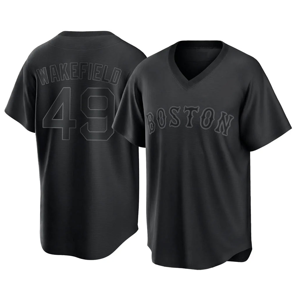 B.Red Sox #49 Tim Wakefield Player Black T-shirt Home Game Gdoa Stitched Jerseys