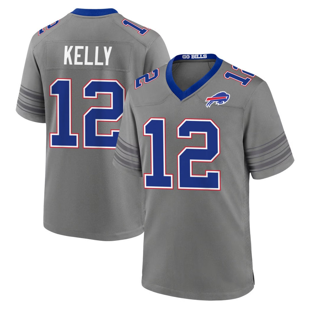 B.Bills #12 Jim Kelly Player Gray Nickel City Home Game Gdoa Stitched Jerseys