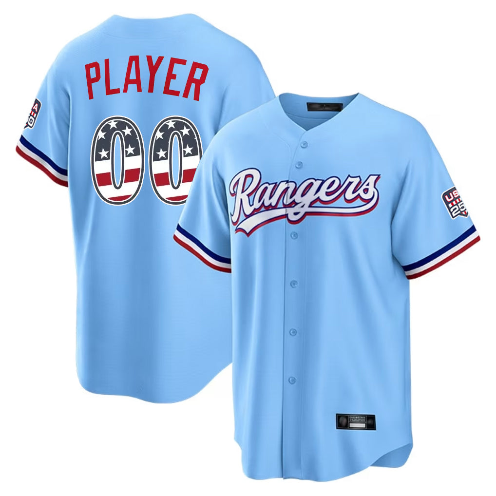 Custom T.Rangers Light Blue USA 250 Fourth of July Limited Home Game Any Name & Number Gdoa Stitched Jerseys