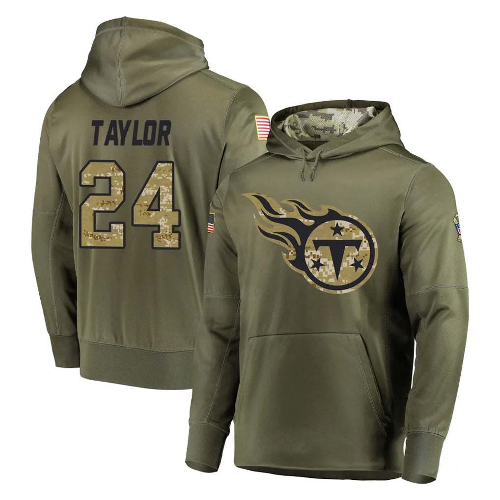 T.Titans #24 Alontae Taylor Player Olive Salute to Service Pullover Hoodies Home Game Gdoa Stitched Jerseys