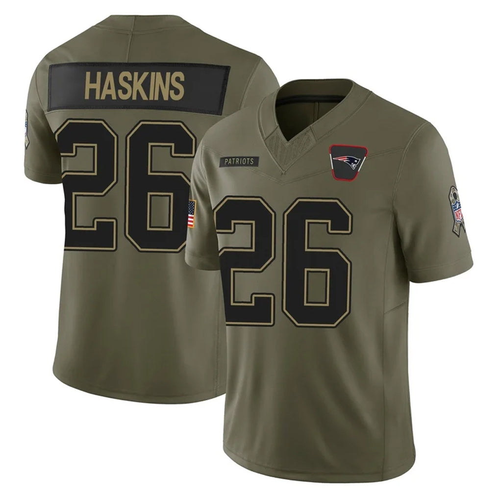 NE.Patriots #26 Hassan Haskins Player Olive 2025 Salute To Service Limited Gdoa Stitched Jerseys
