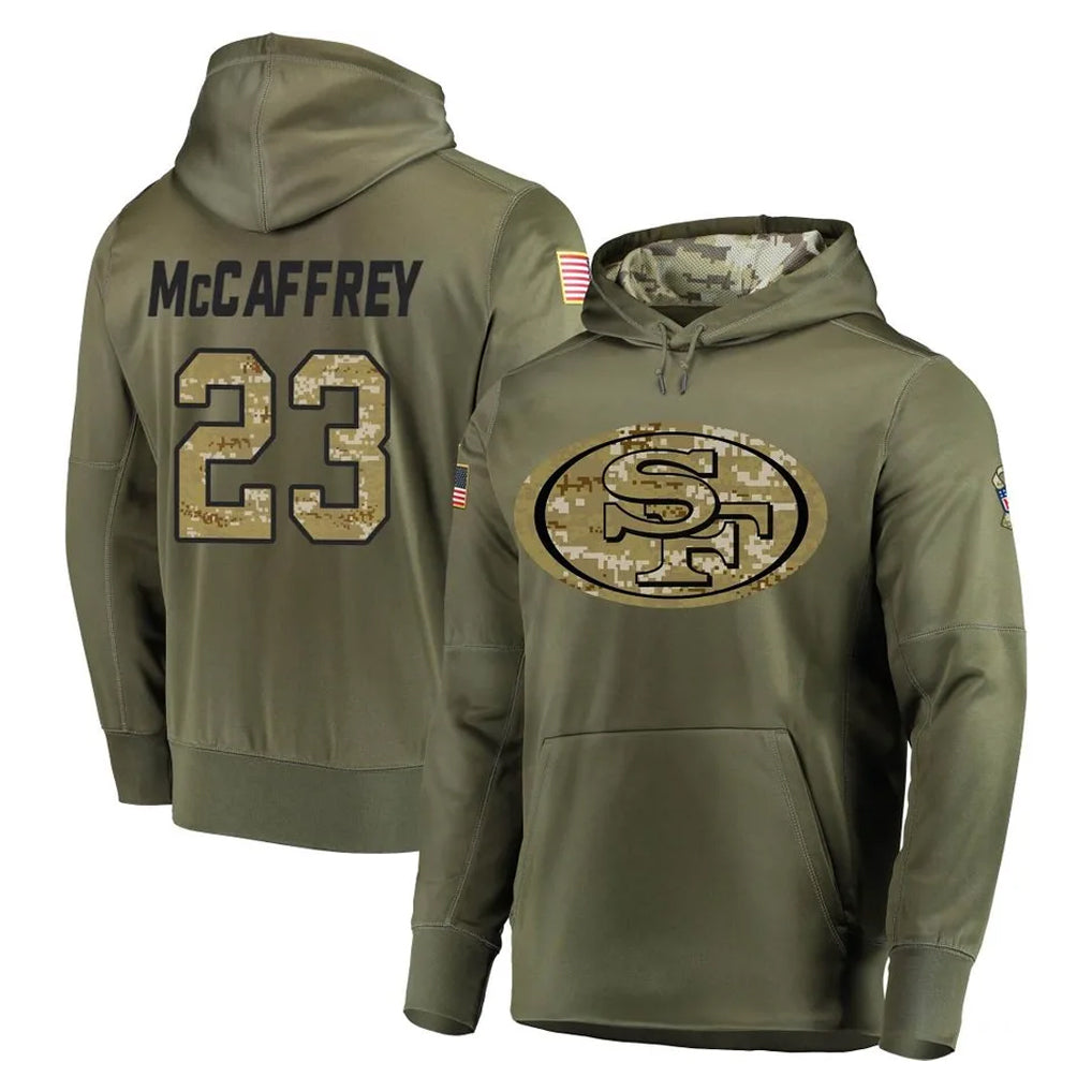 SF.49ers #23 Christian McCaffrey Player Olive Salute to Service Pullover Hoodie Home Game Gdoa Stitched Jerseys