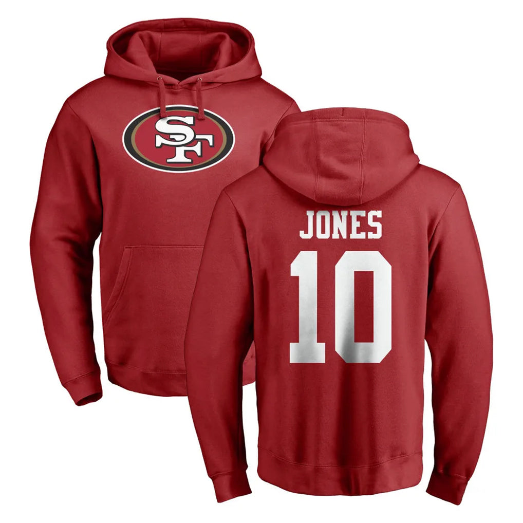 SF.49ers #10 Mac Jones Player Red LOGO Pullover Hoodies Home Game Gdoa Stitched Jerseys