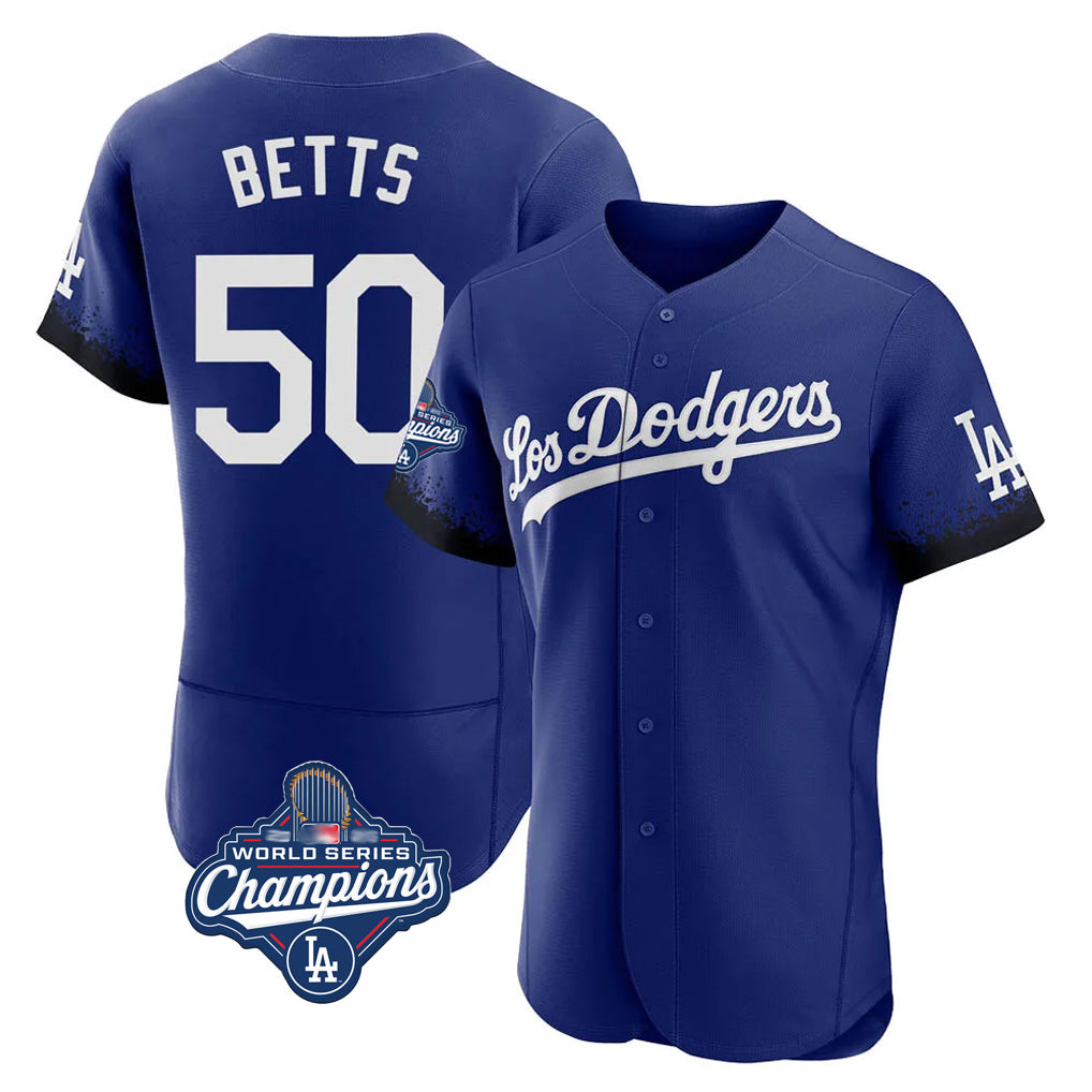 LA.Dodgers #50 Mookie Betts Player Royal World Series Meet City Connect Elite Home Fdoa Stitched Jerseys