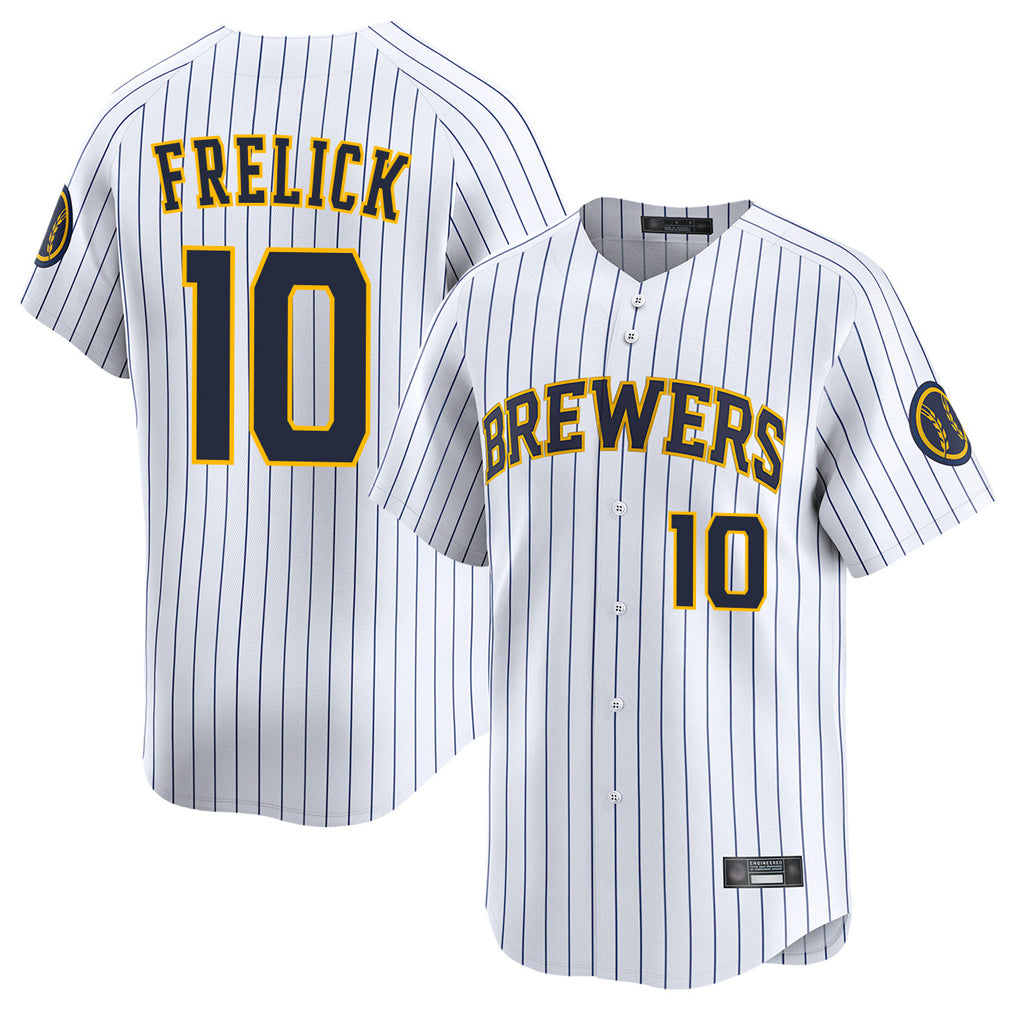 M.Brewers #10 Sal Frelick Player White Stripes Home Limited Game Fdoa Stitched Jerseys