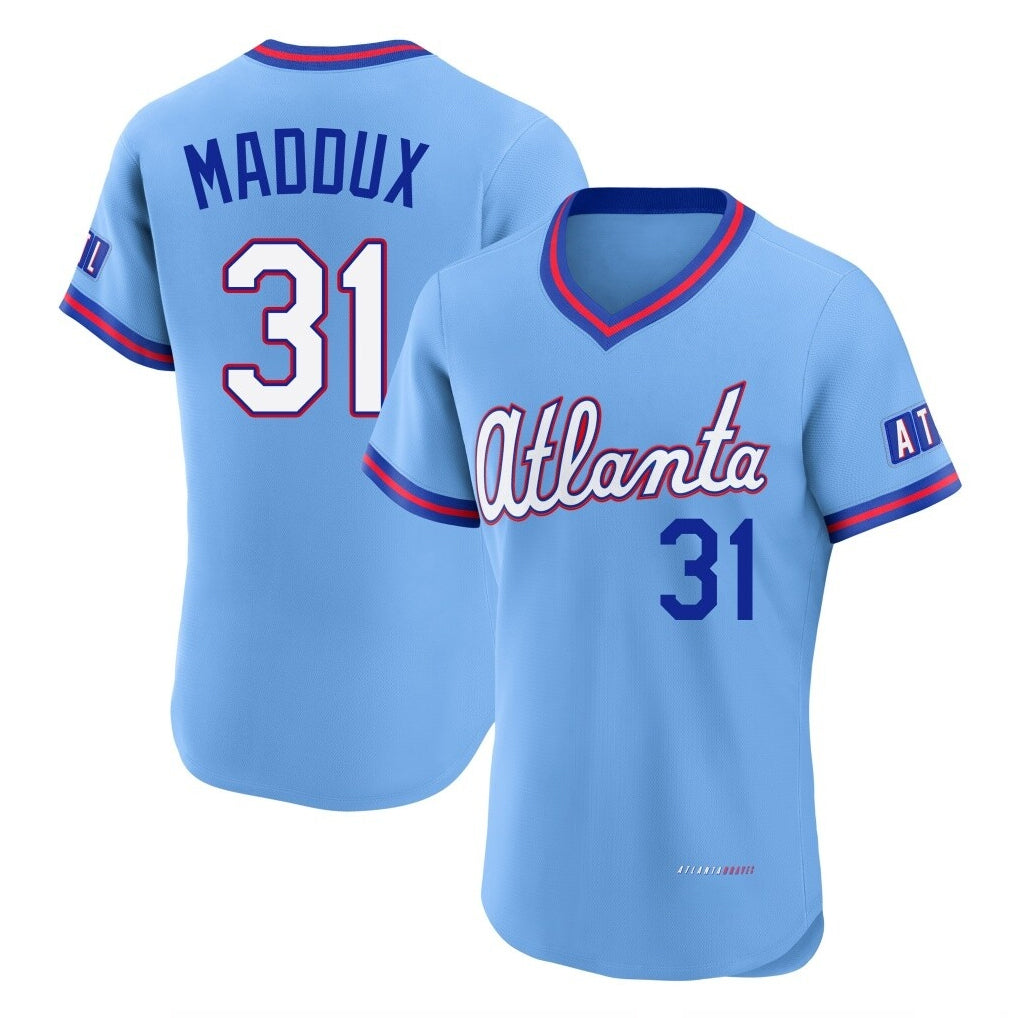 A.Braves #31 Greg Maddux Player Powder Blue 2026 City Connect T-shirt Limited Elite Home Game Gdoa Stitched Jerseys