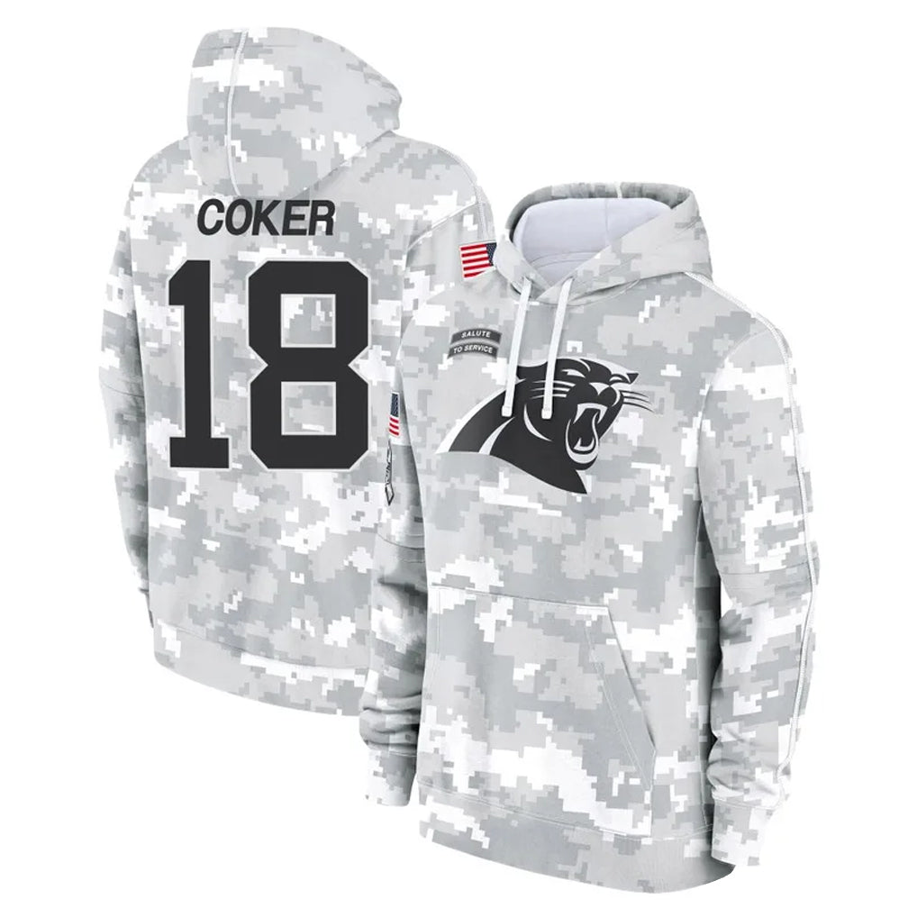C.Panthers #18 Jalen Coker Player Arctic Camo Salute to Service Pullover Hoodies Limited Game Gdoa Stitched Jerseys