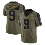 M.Vikings #9 J.J. McCarthy Player Olive Salute To Service Limited Game Gdoa Stitched Jerseys