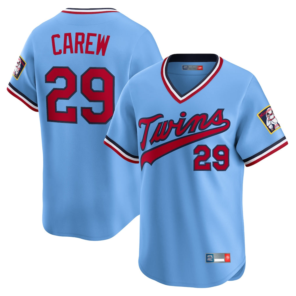 M.Twins #29 Rod Carew Player Light Blue Throwback Cooperstown Collection Limited T-shirt Fdoa Stitched Jerseys