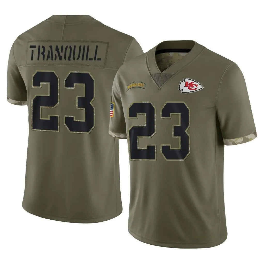 KC.Chiefs #23 Drue Tranquill Player Olive Salute To Service Limited Gdoa Stitched Jerseys
