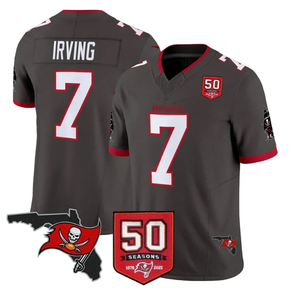 TB.Buccaneers #7 Bucky Irving Player Pewter 50th Season Vapor Limited Home Game Gdoa Stitched Jerseys
