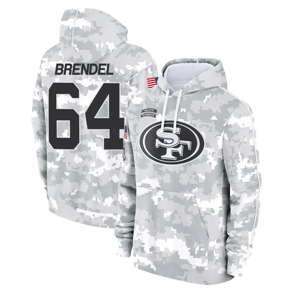 SF.49ers #64 Jake Brendel Player Arctic Camo Limited Salute to Service Pullover Hoodies Game Gdoa Stitched Jerseys