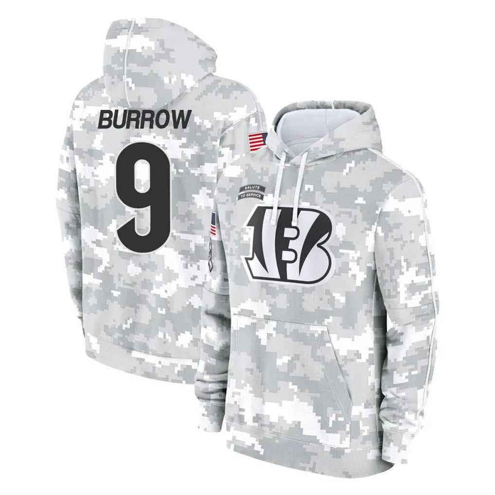 C.Bengals #9 Joe Burrow Player Arctic Camo Salute to Service Pullover Hoodie Limited Gdoa Stitched Jerseys