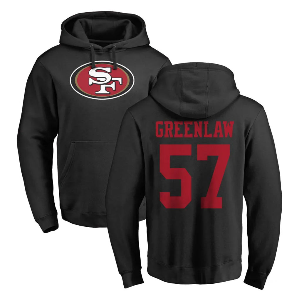 SF.49ers #57 Dre Greenlaw Player Black LOGO Pullover Hoodies Home Game Gdoa Stitched Jerseys